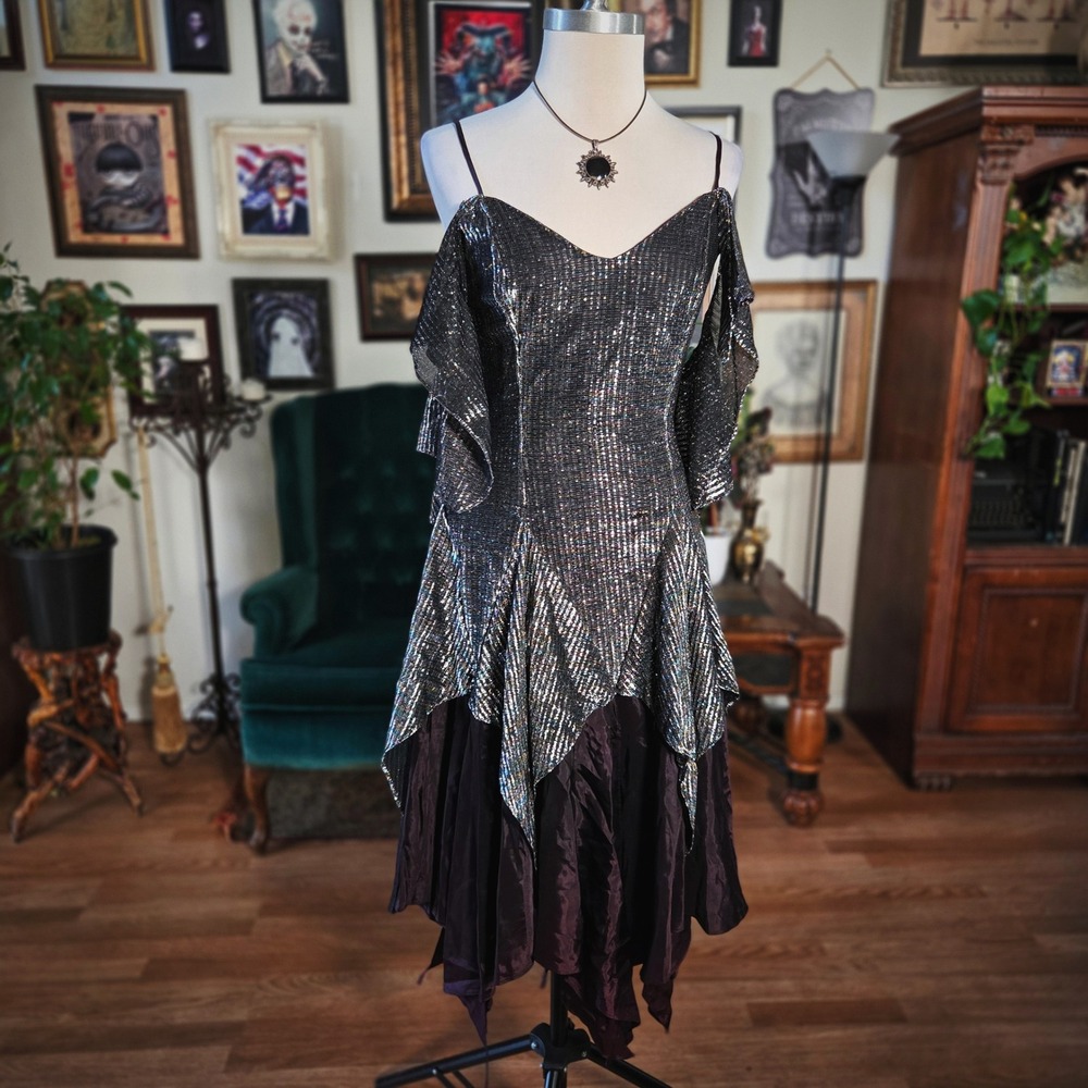 Nuance Party Dress Vintage 80s Metallic Asymmetrical Ruffle Glam Disco Midi - Picture 3 of 8
